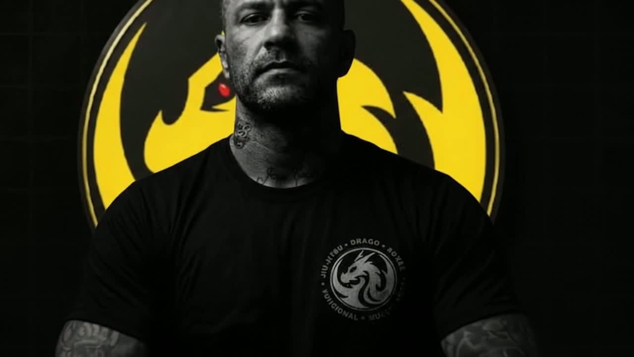 Retrato de Valter Drago no vídeo enviado, com o emblema amarelo do Método Drago ao fundo